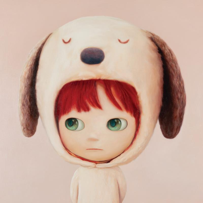 Mayuka Yamamoto painting: a red-haired child with green eyes in a cream dog-eared hood, on a soft pink background