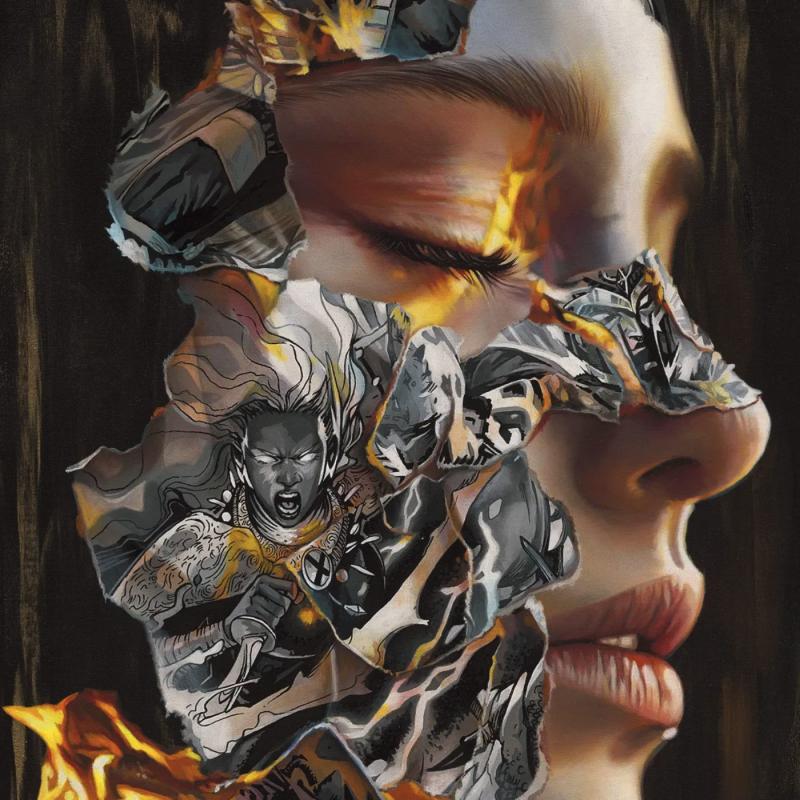Sandra Chevrier painting: a woman in profile, eyes closed, her face covered in torn, burning comic-book pages showing Storm