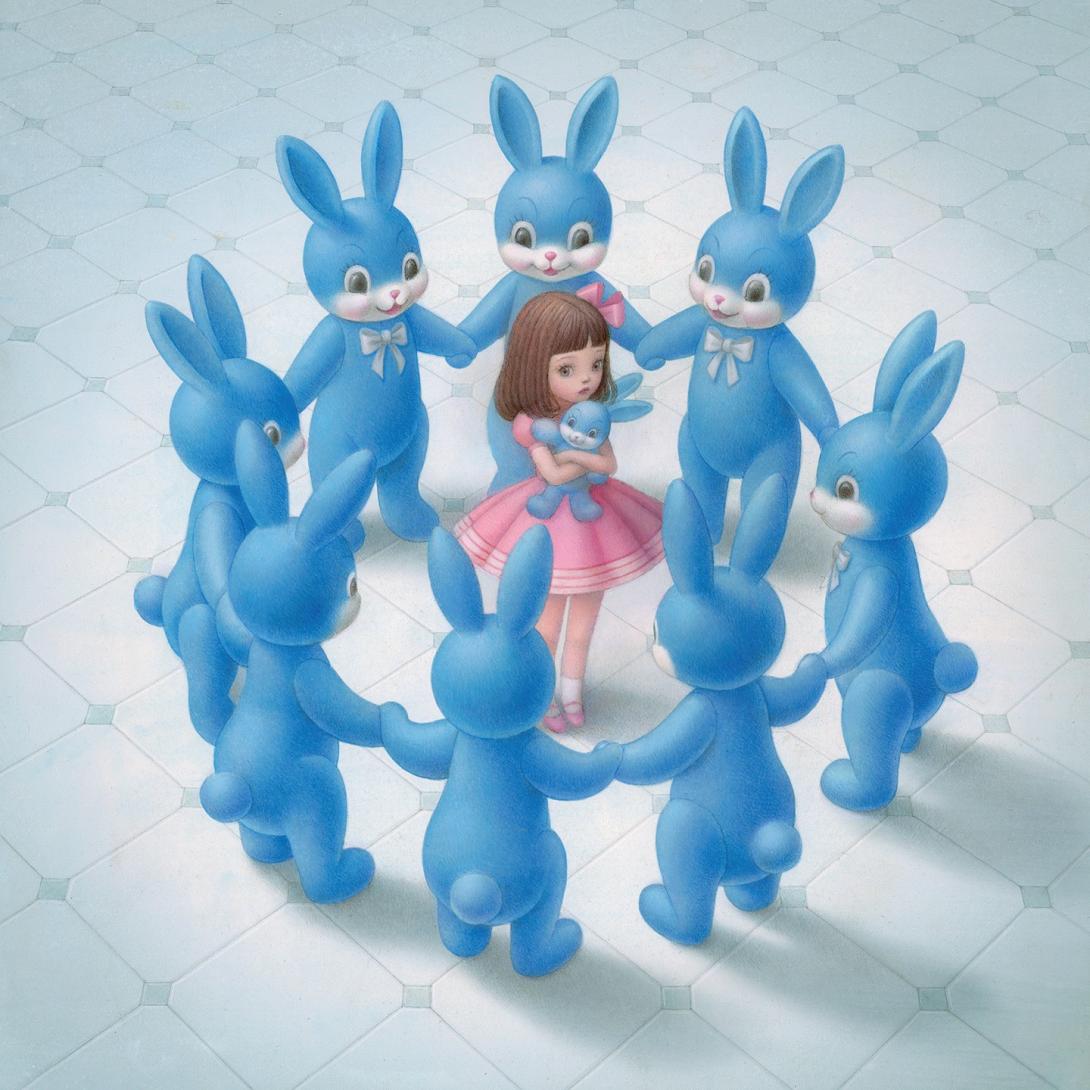 Nicoletta Ceccoli painting: a girl in a pink dress hugging a toy bunny, encircled by a ring of large blue bunnies holding hands on a tiled floor