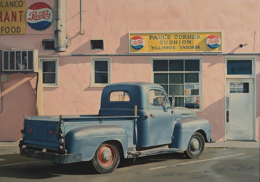 Photorealist painting of a blue vintage Ford pickup parked outside a pink stucco pool hall with a yellow Paul's Corner Cushion billiards sign