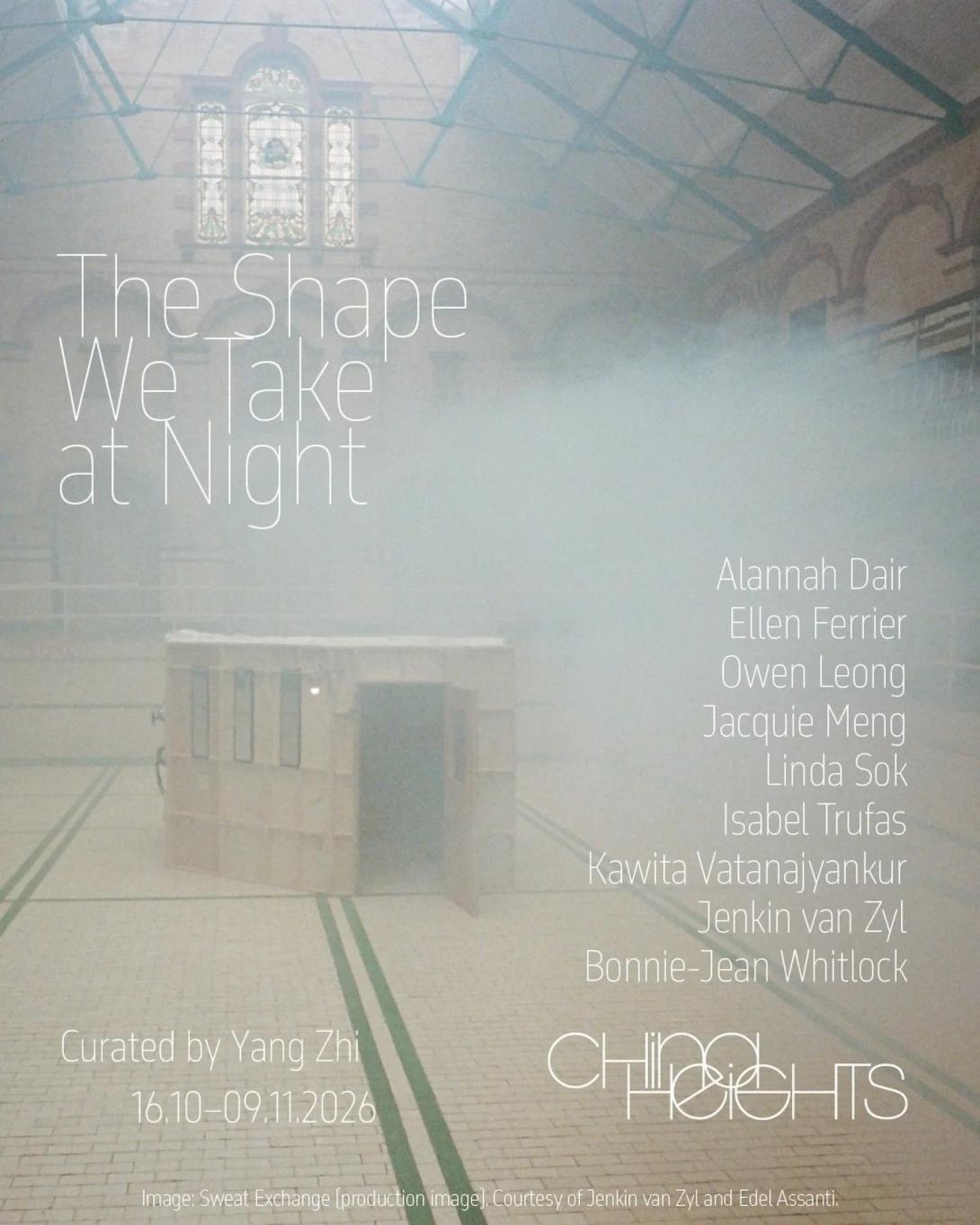 Flyer for The Shape We Take at Night at China Heights: a small tiled structure in a misty, empty Victorian swimming bath, with the artist list and dates 16.10–09.11.2026